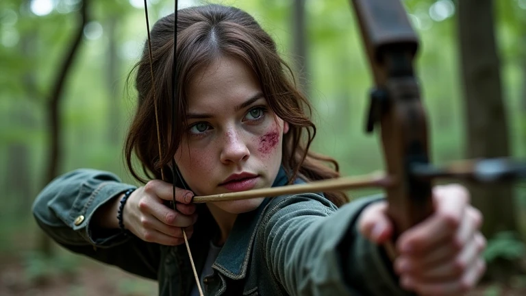 A woman with brown hair and green ohis, He has a wound on his cheek and his lower lip is slightly broken., She is crouching defensively in an ugly forest and holds a bow firmly aiming the arrow. (The walking dead reference)