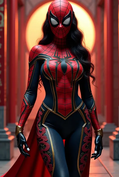 spiderwoman, big boob, wearing china theme spider woman costume, spider logo on the costume, wearing mask