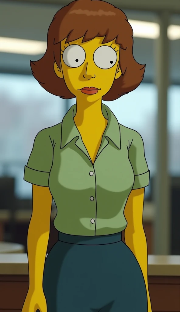 yellow-skinned woman, brown short hair, glossy big eyes, lip position down near the chin, in light green shirt and dark blue mini skirt like Edna Krabappel in the simpson movie, standing in the office interior, bright contrast atmosphere, 8k, hyper ultra p...