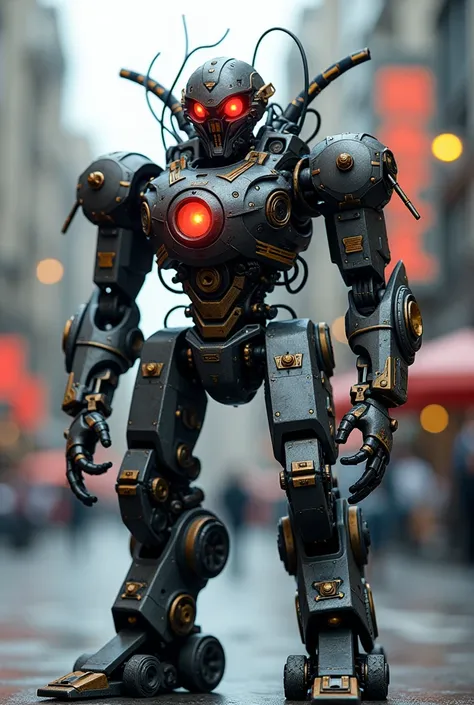 a robot in combat position made of small, detailed metal pieces, its helmet has neon lenses, on its chest a force ball, fairings, nails, wheels, biomechanical, it is on display in the city, its legs have biomechanical wires that interconnect its dorsal col...