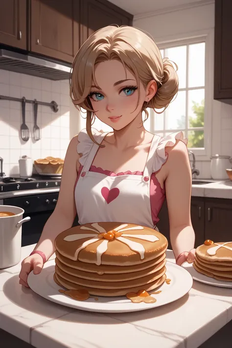 A young beautiful girl making pancakes in the kitchen