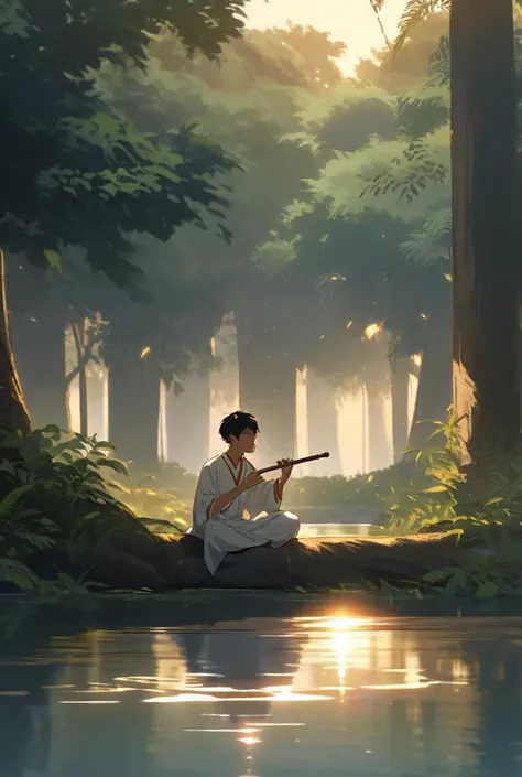 "An artistic depiction of a teenage boy, Neel, playing the flute. He stands under a sprawling banyan tree on the banks of a serene river in a rural West Bengal village. Neel wears a simple white kurta, his posture graceful as he plays soulful music. The so...