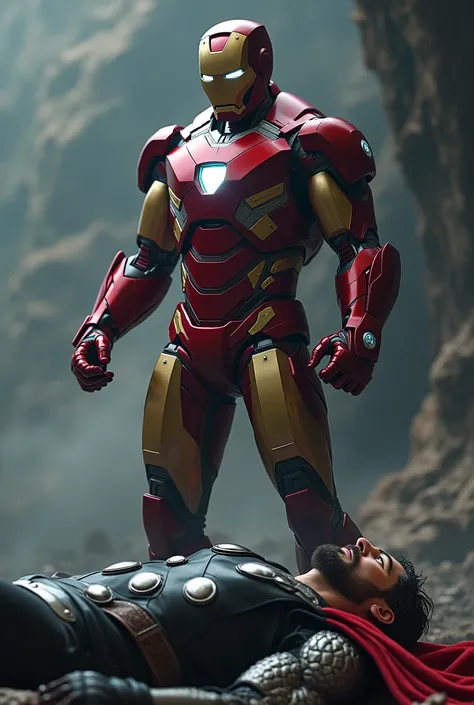 A iron man is stands atop the lifeless Thor man in a hyperrealistic scene in a deep background 