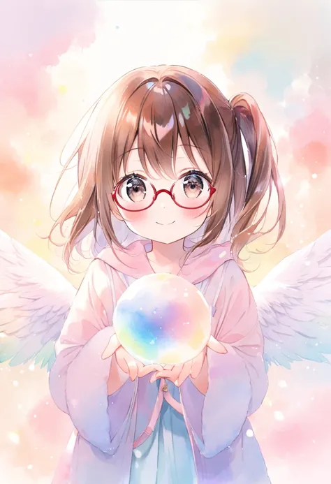 (ultra detailed:0.7), cover image, (soft pastel tones, watercolor, (bright color:1.3), transparent, gradation, harmonious and calm atmosphere:1.1), 1girl, , Elementary school girl, brown hair, big eyes, black eyes, ((red round eyewear)), side ponytail, smi...