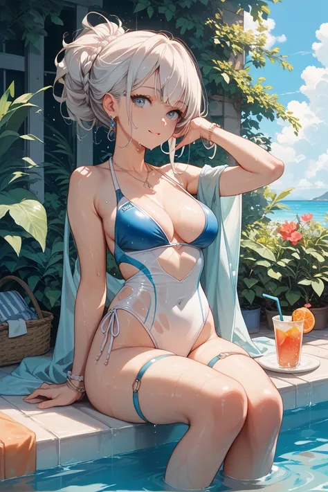 anime girl sitting with her legs spread white hairstyle in a swimsuit is all wet