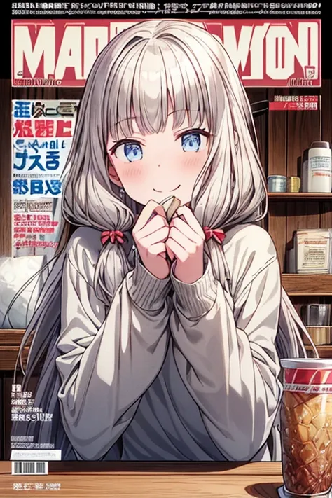 (from below:1.2),((1girl, silver hair, long hair, qutel blue eyes, beautiful eyes, pretty smile:1.5, ), young woman in a sweater sitting in a wooden booth with food on a table, indoors, looking at viewer, sweater, both hands covering mouth, happy, multiple...