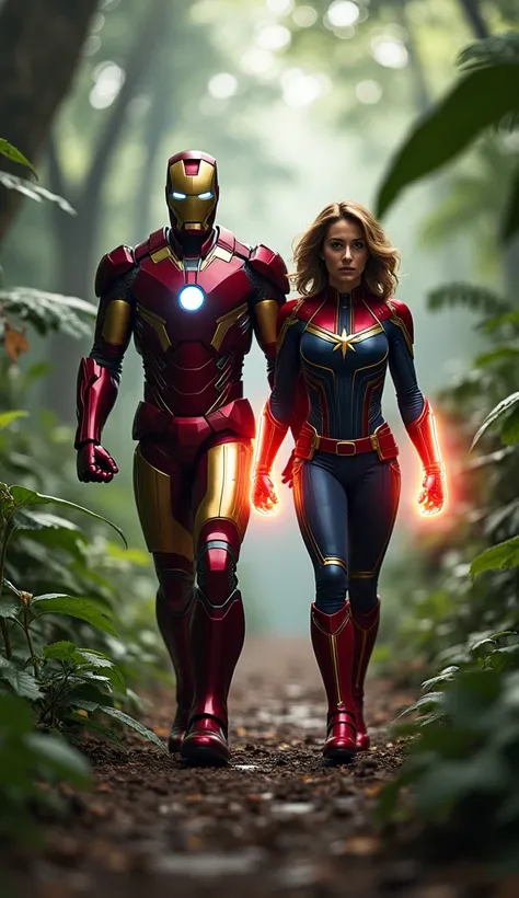 "A cinematic close-up of Iron Man left walking side by side with a Captain Marvel right toward the camera. background is jungle
