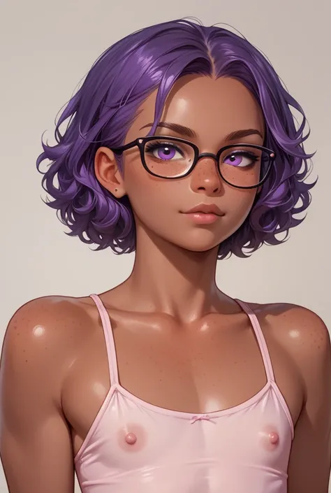 Gwendolyn Alutrux, dark skin, freckles, big purple hair, flat chest, glasses