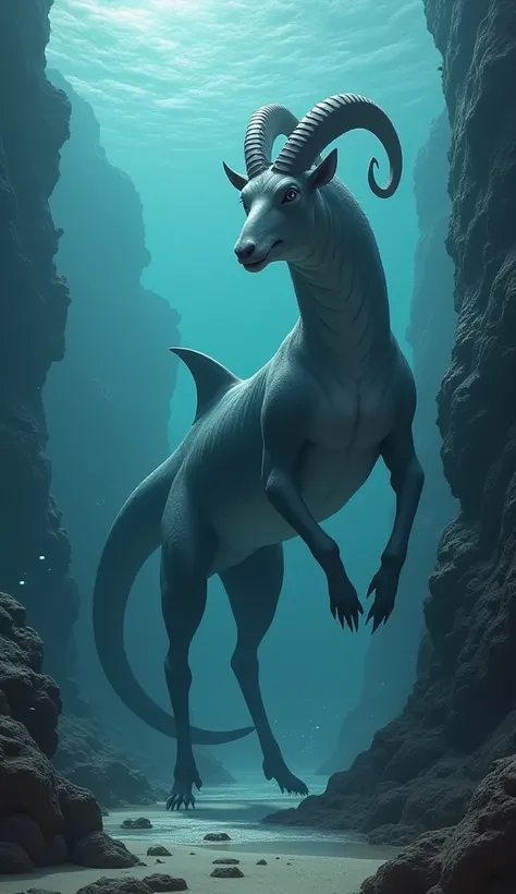 Create a realistic animation of a hybrid creature combining features of a shark and a giant snake. The creature should have the elongated, sinuous body of a snake, covered in smooth, shark-like skin. Its head should resemble that of a shark, with sharp, tr...