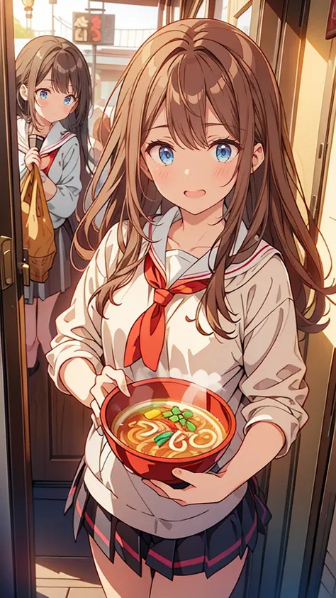 “A cheerful high school girl with wavy brown hair and a camera slung around her neck stands at the entrance of a small ramen shop hidden in a quiet alley. Her eyes sparkle with excitement as she points to the shop’s traditional wooden sign. She’s surrounde...