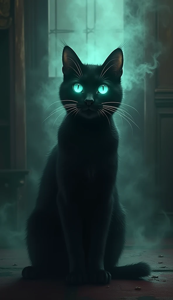 The cat speaking cryptically, with its glowing eyes illuminating the dim room. A black cat speaking in a mystical glow, its words filling the room with an eerie, supernatural atmosphere