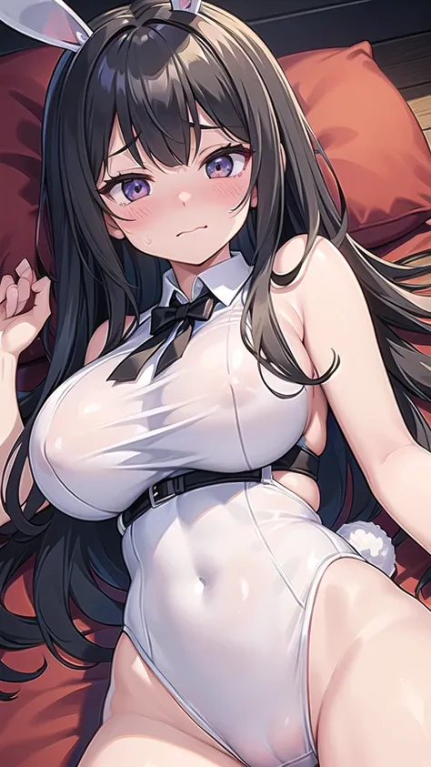  1 girl,  game cg,(Reverse Bunny)),((Big Breasts)),  black hair,  long hair,  straight hair ,  Black Eye, ((Lie on your back on a silk sheet)),(( embarrassed face ))