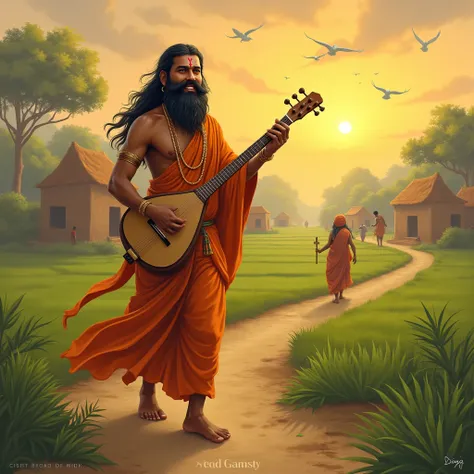 "An artistic depiction of Narad Muni, a divine sage from Indian mythology. He is shown with a cheerful expression, wearing traditional saffron robes, holding a veena (a musical instrument), and a mala (prayer beads) in one hand. He has a thin, wiry frame, ...