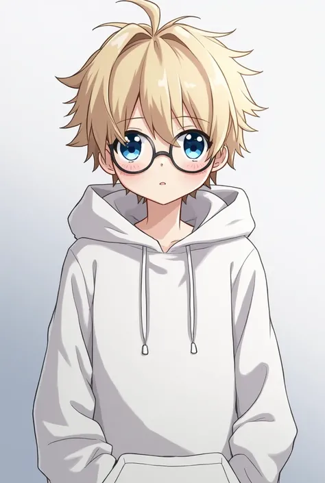 Anime theme :Bleach
Character: Me
Gender: Male
Age: 20
Appearances: A bit chubby(tiny bit) and cute face with  big blue eyes and round glasses..fluffy hair.. 
Cloth: White hoodie...(hoodie not worn..put down)