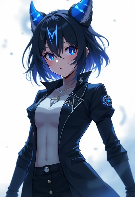 Adult woman, mid chest size, short black hair with white stripe, blue navy eyes colour, Jokestar vibe, tech vibe outfit, blue demon horn, almost like silver wolf from hsr, withering wave vibe, honkai star rail artstyle, detailed, white background.