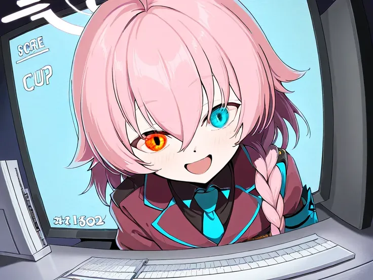 (high quality, ultra-detailed), Blue Archive, Hoshino Takanashi, looking at viewer, pink hair, heterochromia of blue (right) and orange (left) eyes, solo, happy, lovely, uniform, half body exiting the monitor