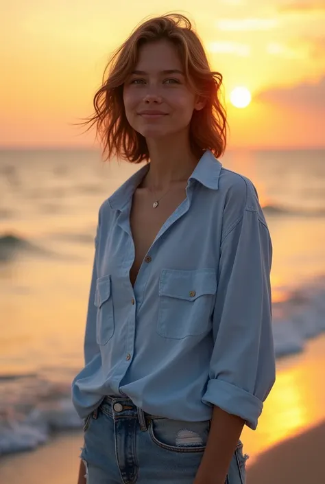 Girl standing on the beach at sunset, The orange sunlight sparkled on the water. She wore a loose light blue shirt and ripped jeans., create a sense of freedom, free. Her shoulder-length hair was a bit messy., blown by the sea breeze. Sharp and determined ...