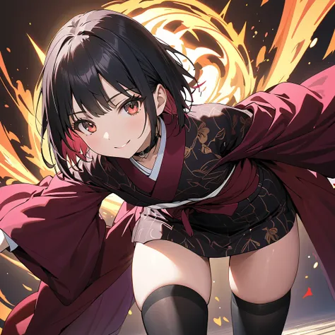 ( Perfect Anatomy), ((32K)), (( top quality )), ((超 high res)), (( high res)), ((超 high res)), ((Highly detailed CG)) , One Girl 、red eyes.smile, black hair, short hair,bow,( small breasts:1.5),(Black Pattern Kimono:1.5)、 choker 、Black gloves、(Black thigh ...