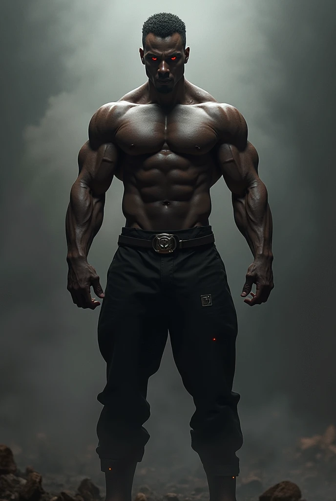 create a man, with a six pack, muscular big arms, make him black, give him red eyes, make him 6´2 tall, make him 200 pounds