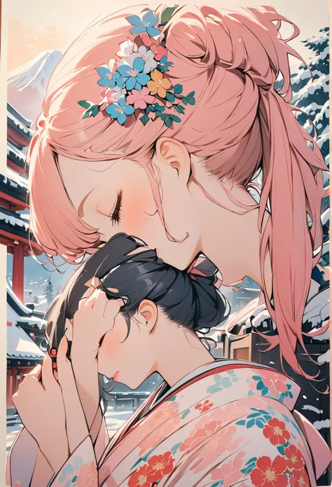  female，kimono，Snow Scene、Modern Japan、 New Year、first visit of the year to a shrine、First sunrise of the year、Art，ad，colour pencil drawing，draft drawing、warm、 portrait、 feminine、face-down face、 Eyes closed。、New Years headdress 、  Im tying my hair。