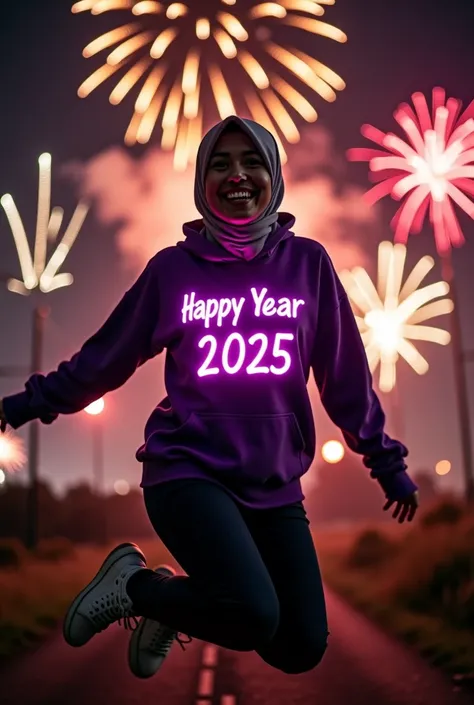 a Malay woman wearing a hijab Wearing white sneaker wearing a purple sweetshirt with the glowing text "Happy News Years  member EPY 2025" in the background of the New Year celebration atmosphere, there are many explosions of fireworks in the air in the bla...