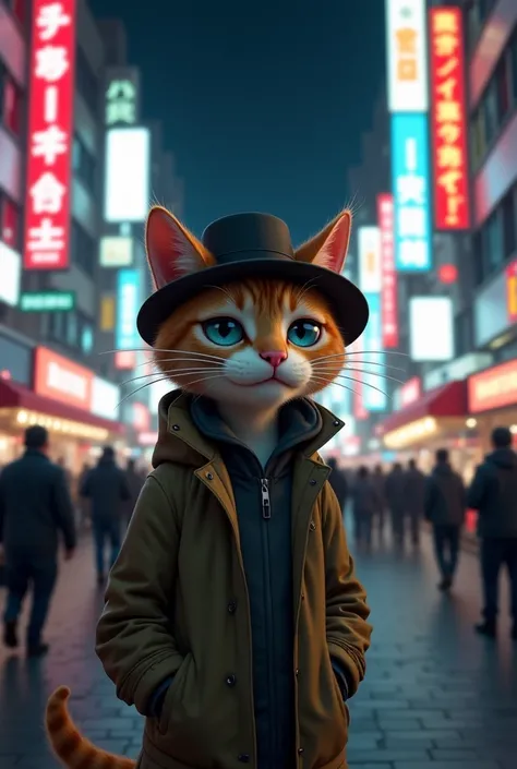 An anthropomorphic adult cat dressed in a simple jacket and hat is standing in a bustling city street at night, crying with visible tears while looking desperate. The scene is filled with urban details: neon signs, tall buildings, people walking, and a dim...