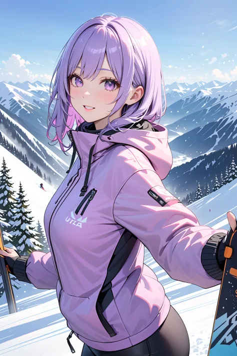 (masterpiece, best quality:1.5), (ultra detailed, high resolution, 8k, beautiful detailed, UHD, best anatomy), pale purple hair, 1 cute girl, ski area, snowboarding, ski clothes