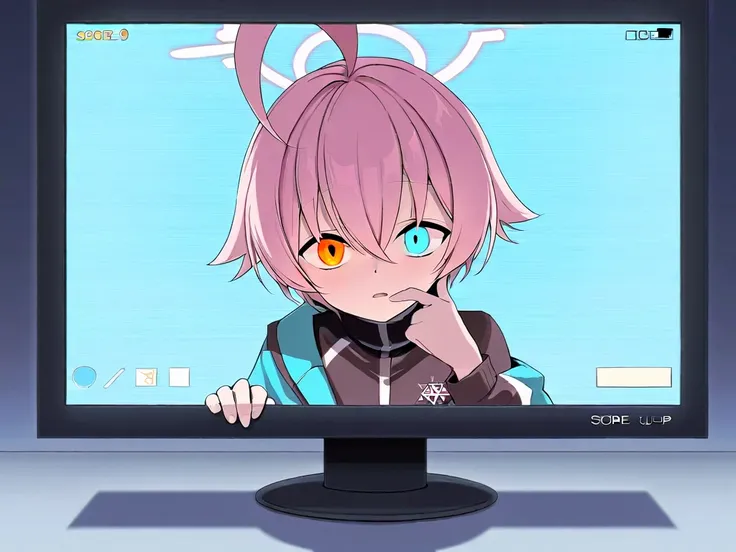 (high quality, ultra-detailed), Blue Archive, Hoshino Takanashi, looking at viewer, pink hair, heterochromia of blue (right) and orange (left) eyes, solo, half body exiting the monitor