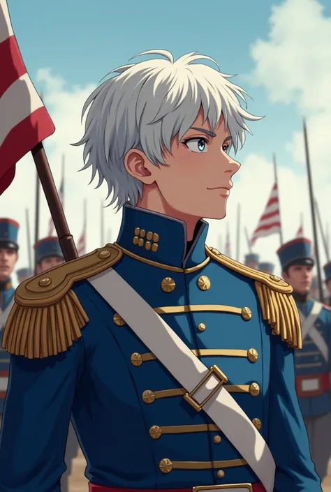 Create an anime like art of a footman from 1800s wearing blue and white uniform,white messy hair (but not old) in his mid 20s looking into the horizon emotionless.the background are the other soldiers with their muskets and flags