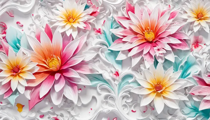 Feminine beauty, high detail and quality, 8K Ultra HD, 3d, vivid colors, seamless patterns, fabric art, art station, many colorful and detailed designs combining magic and fantasy, splashes, aesthetic for wallpaper design, white tone, photorealistic, ultra...