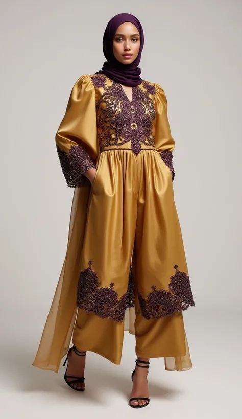 a tall and striking woman exudes confidence and charm with a flirtatious expression. She is adorned in a stunning outfit featuring a gold gradient-colored mercerized satin fabric kurti with dark purple mirror stone lace work on whole kurti paired with a dh...