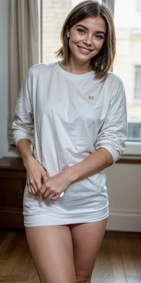 Femme européenne séduisante denviron 40 ans. Brune aux cheveux courts ondulés. Naturelle. Elle se tient debout et pose pour la photo. Elle est totalement habillée. Elle porte un long t-shirt blanc. léger sourire. Plan entier. 