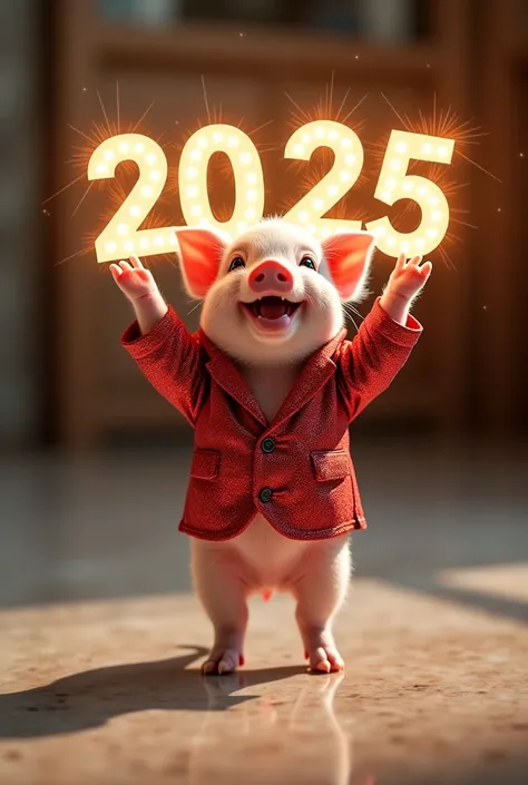 " A playful piglet ,  dressed in a festive suit ,  dances happily on a shiny marble floor.  The piglet holds a sparkling ,  glowing 2025 sign with both front paws , excited in the air 