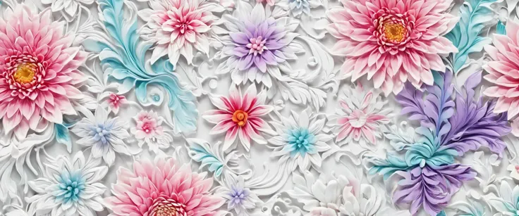 Feminine beauty, high detail and quality, 8K Ultra HD, 3d, vivid colors, seamless patterns, fabric art, art station, many colorful and detailed designs combining magic and fantasy, splashes, aesthetic for wallpaper design, white tone, photorealistic, ultra...