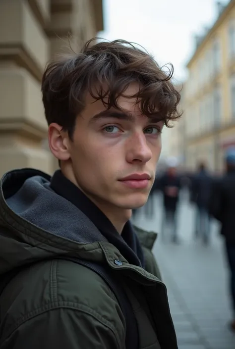 A cute 18 year old guy is captured in a candid moment in moscow, his hair is short and dark brown.