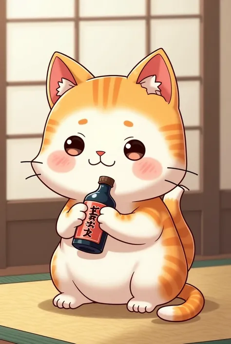 masterpiece, top quality :1.2,The character of a cat holding a bottle of sake, cute illustrations