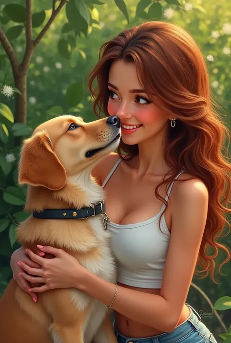 A hot 23 years old girl and dog , close to each other 