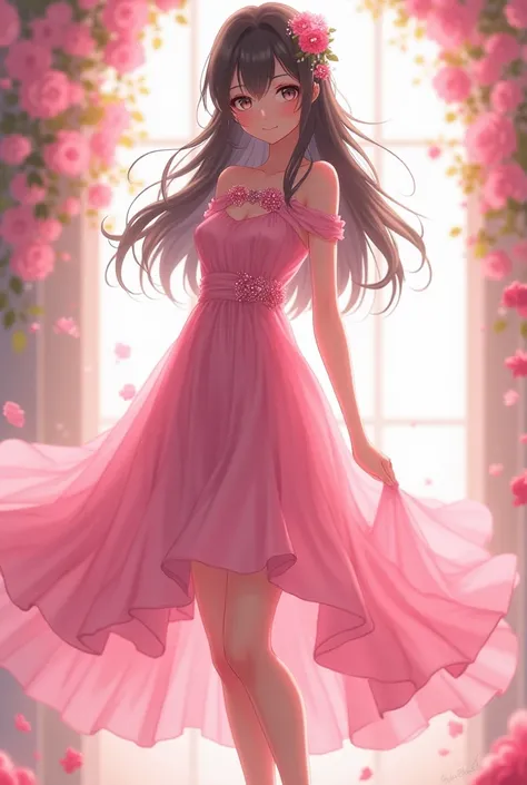 Girls who grew leggy　 The length of a girls leg before she grows is 70cm、 The length of a girls leg after growing up is 85cm 　 pink dress　 beautiful girl　anime