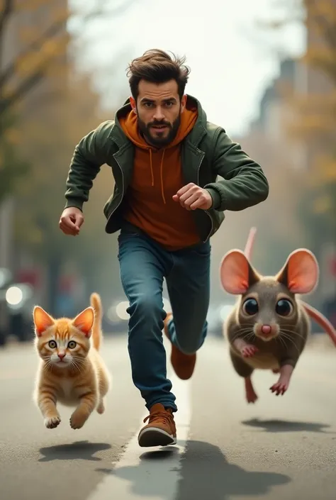 Ek man running kar raha h or uske behind ek kitten or ek big mouse running kar rahe h seen road ka h