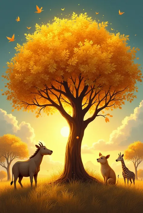 One morning, Nibbles woke up to a wonderful surprise. Where he had planted the golden acorn.It turned into magnificent tree. Its branches sparkled with golden leaves and its fruit glowed like sun. Animals like lion, sparrows, parrots, goats, elephants, dee...