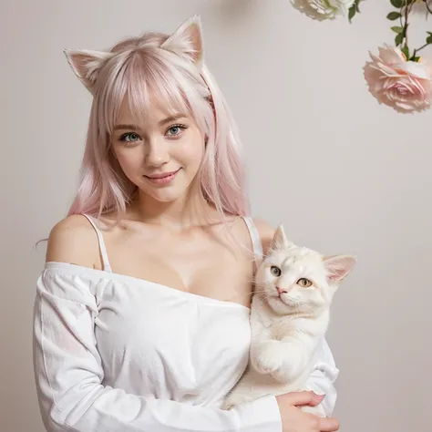 Cat ears,  pink eyes,   sweet smile ,  cute clothes with a white cat in your arms , Holding a white cat in your arms  