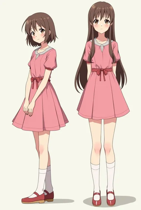  a girl who became leggy during the growth period　 The length of a girls leg before she grows is 70cm、 The length of a girls leg after growing up is 85cm 　 pink dress　 beautiful girl　anime　Depict a girl before and after growing up 