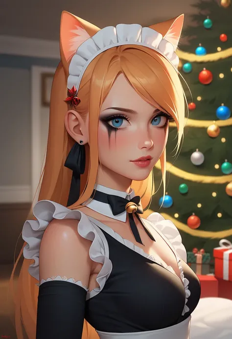 anime,  girl ,  Beautiful, (cat ears),  Maid Clothes ,  sexy, Tight , Shine, Bright Day , Cleaning the room,  Perfect anatomy , Cutie,  Light Makeup , фон  Beautiful Новогодняя Комната, Christmas tree , decorations,  New Year,  masterpiece fails, 8 k,  com...