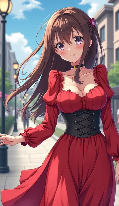 anime girl in a red dress walking down a sidewalk, cute anime waifu in a nice dress, attractive anime girl, beautiful anime girl, pretty anime girl, an anime girl, anime girl with long hair, anime visual of a cute girl, beautiful anime high school girl, be...