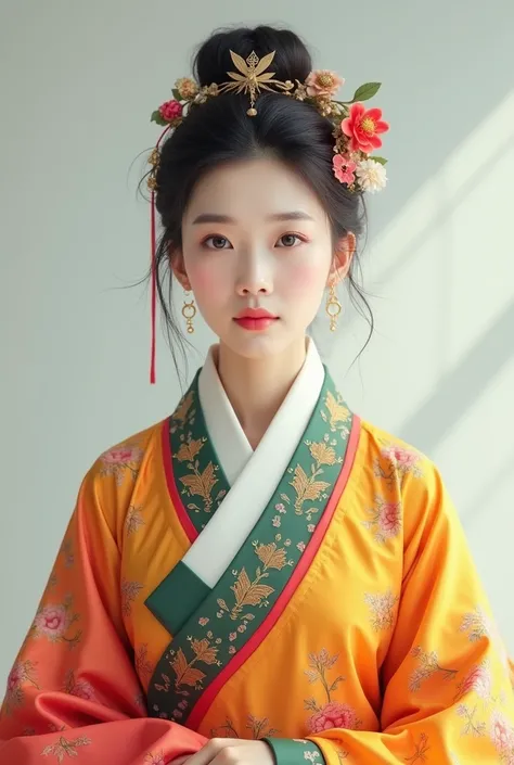 Draw an elegant and beautiful middle-aged Korean woman with her hair tied up in a bright and clear fusion hanbok without a background