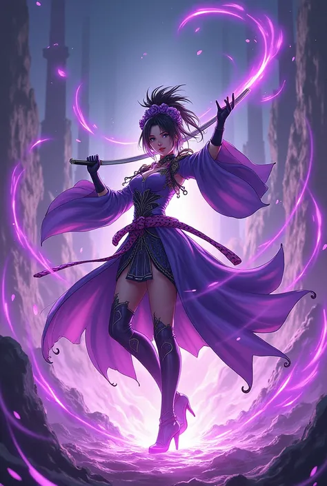  anime character,  clothing by Tengen Uzui , Sword movement ,  purple musical energy storm