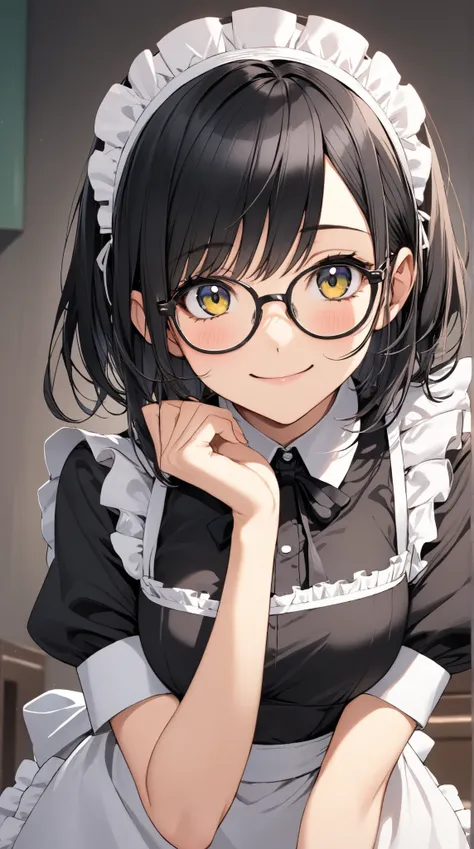 Black Hair,  glasses, Maid Uniform, Smiley Face