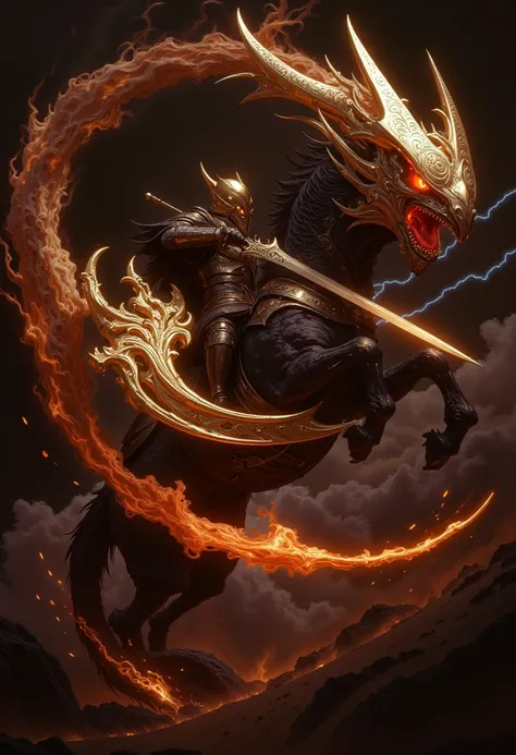 A knight in black armor riding a flame-blowing dragon while flying and the knight carrying a big sword 