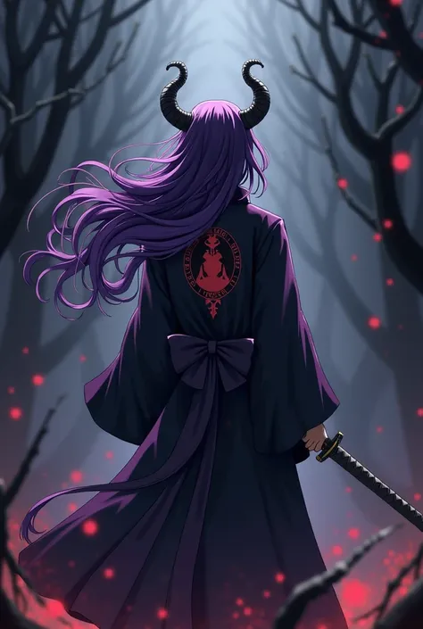 Demon in the front of the anime Demon Slayer wearing a robe,  robe, katana, and purple hair with black and a crescent back 