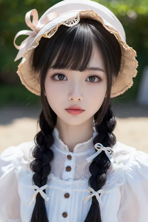  top quality , Ultra Nothing,  photorealistic ,   pictures of beautiful women ,  detailed face ,  Black Messy Fishtail Braid , (Detailed porcelain doll,Delicate clothing with lots of frills and ribbons),  Beach , ( face close-up ),  bewitching look ,  look...